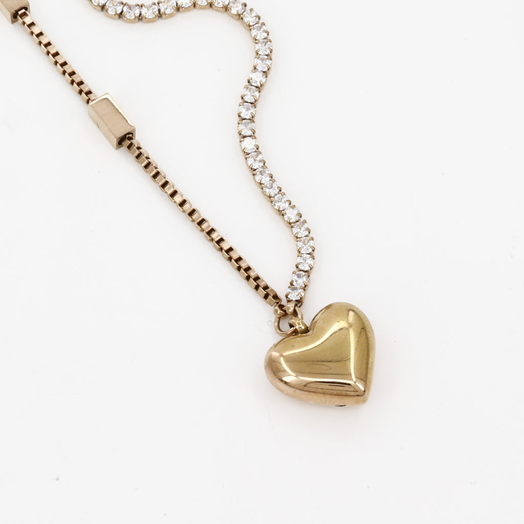 Half Tennis Chain Gold Puffy Heart Pendant Necklace