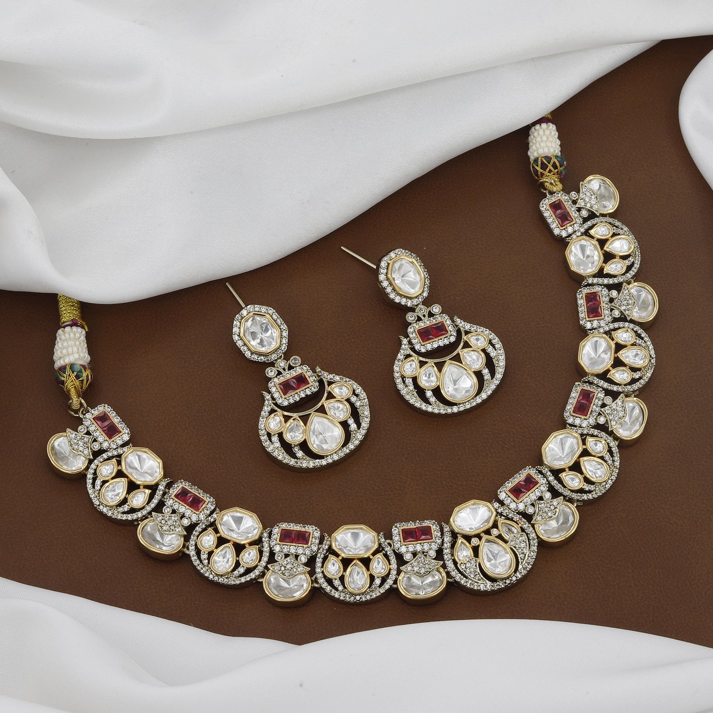 Victorian Polished Heavy Designer Polki & Stone Necklace Set