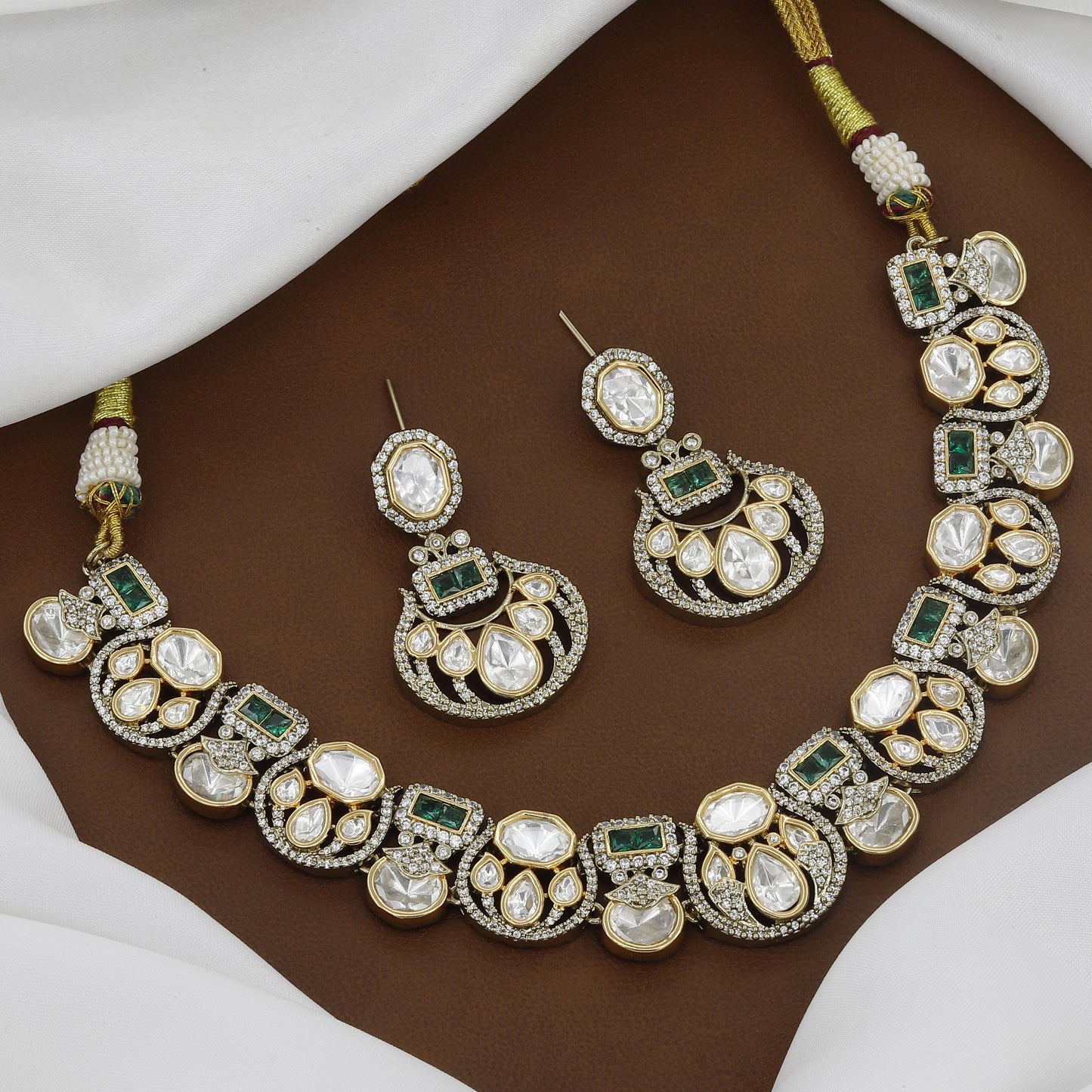 Victorian Polished Heavy Designer Polki & Stone Necklace Set