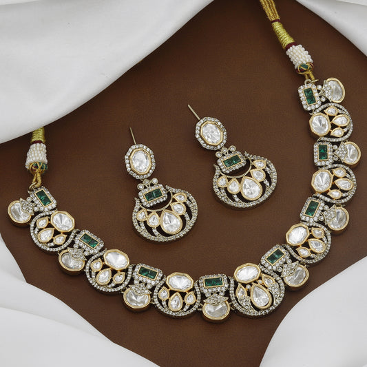 Victorian Polished Heavy Designer Polki & Stone Necklace Set