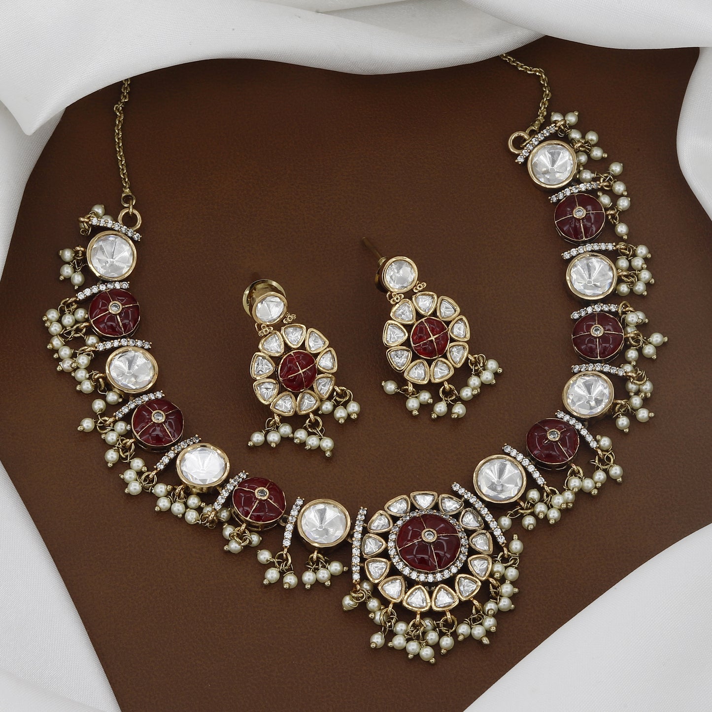 Mehndi Polished Meenakari Kundan Polki Necklace Set