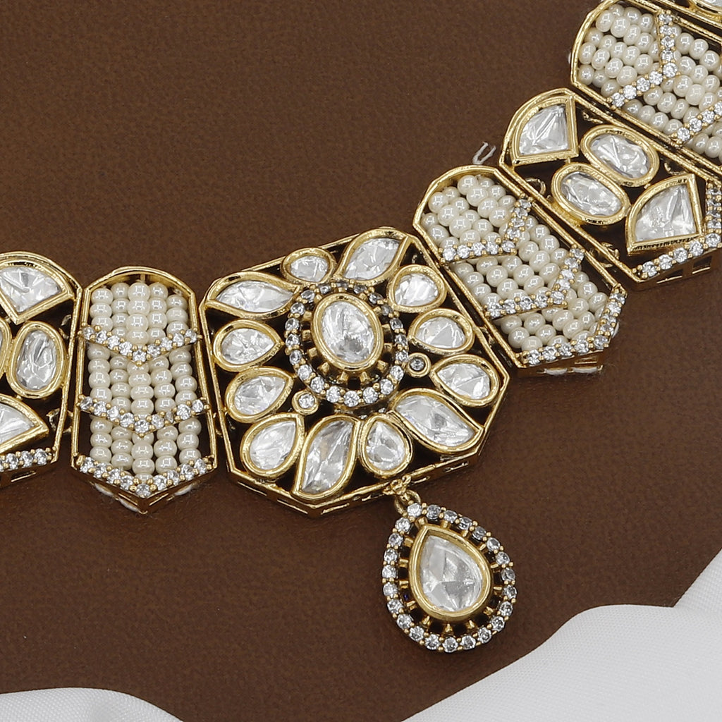 Victorian Polished Broad Kundan Polki Necklace Set