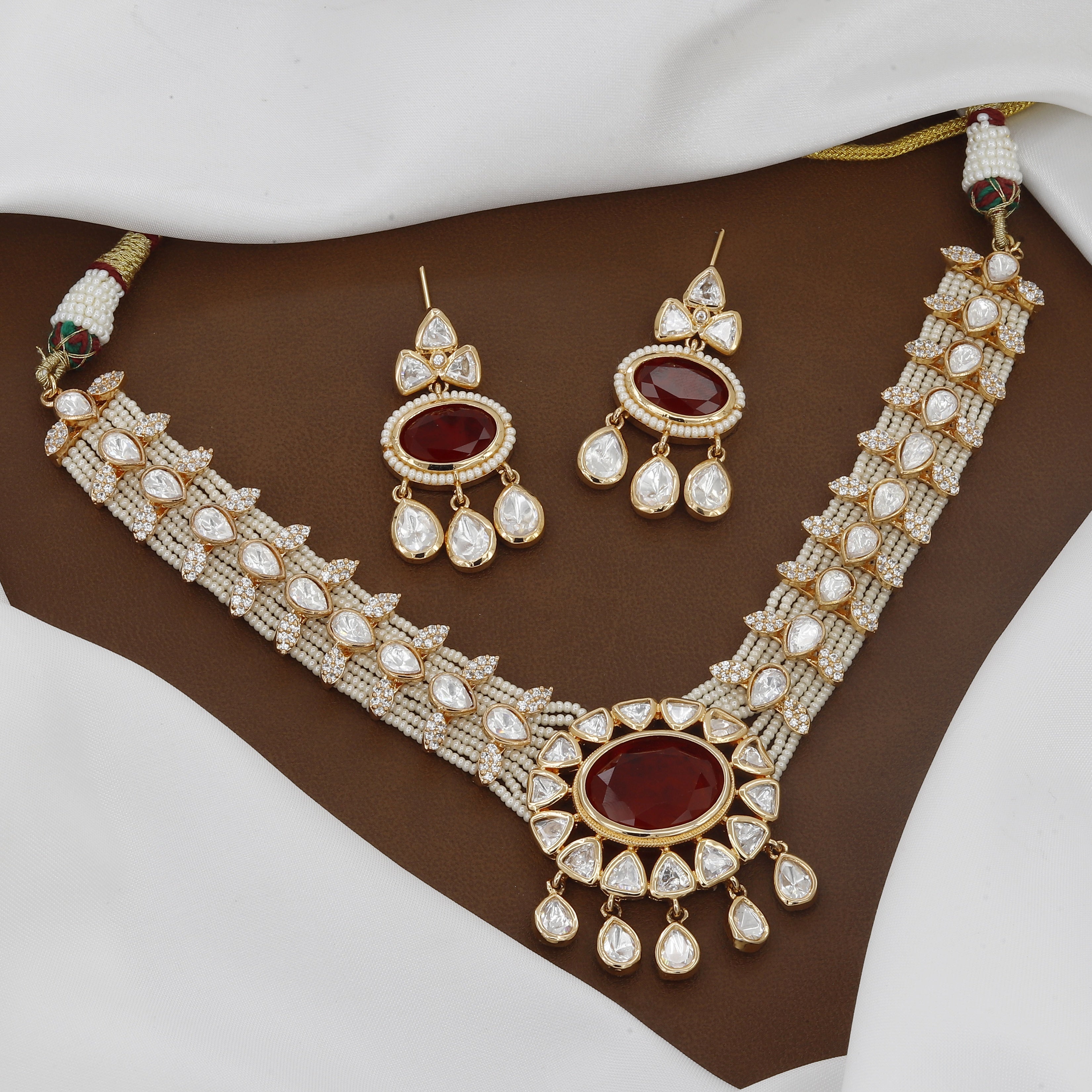 18k Polished Kundan Polki & Emerald Necklace Set with Earrings