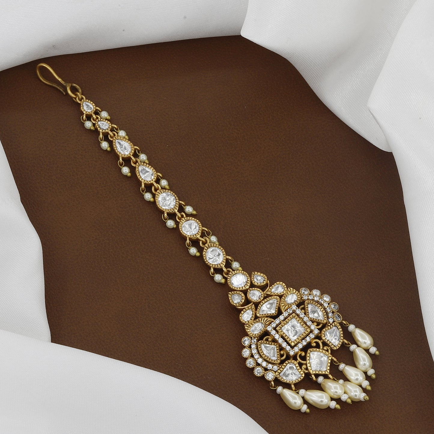 Victorian Polished Designer Traditional Polki & Pearl Tikka