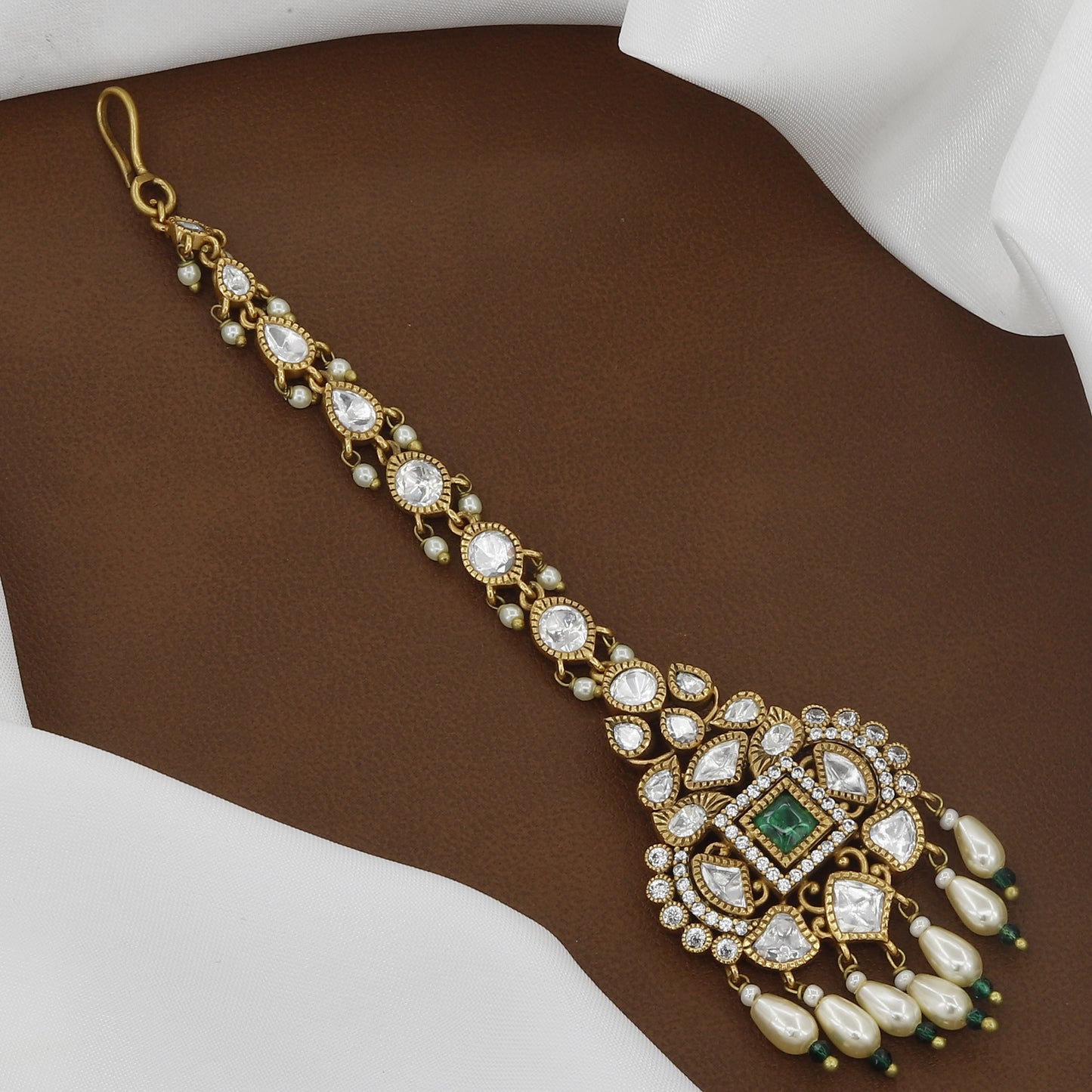 Victorian Polished Designer Traditional Polki & Pearl Tikka