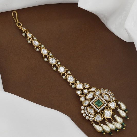 Victorian Polished Designer Traditional Polki & Pearl Tikka