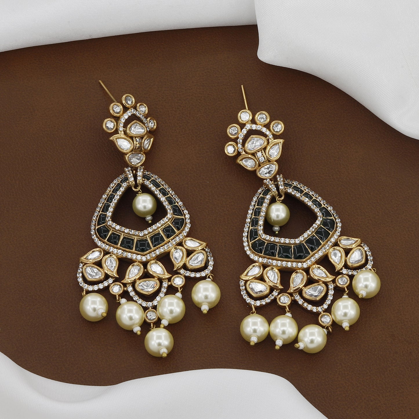 Victorian Polished Black/Dark Green & Gold Chandelier Earrings