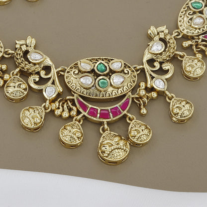 Ornate Antique Gold Necklace Set with Peacock Motifs, Kundan & Gemstones