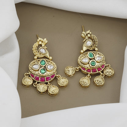 Ornate Antique Gold Necklace Set with Peacock Motifs, Kundan & Gemstones