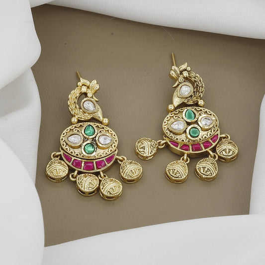 Ornate Antique Gold Necklace Set with Peacock Motifs, Kundan & Gemstones
