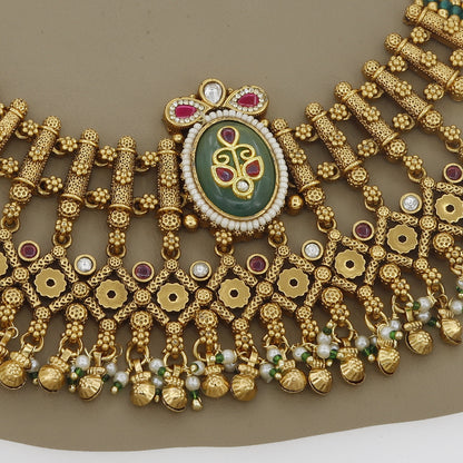 Antique Finish Statement Kundan & Gemstone Wedding Necklace Set