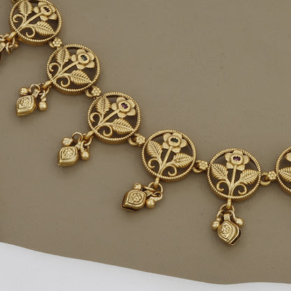 Charming Antique Gold Finish Necklace Set with Floral Filigree & Jhumki Earrings