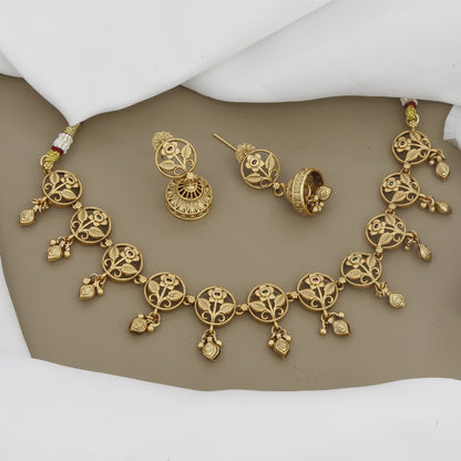 Charming Antique Gold Finish Necklace Set with Floral Filigree & Jhumki Earrings