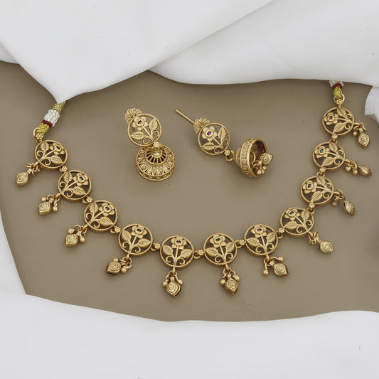 Charming Antique Gold Finish Necklace Set with Floral Filigree & Jhumki Earrings