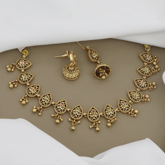 Delicate Antique Gold Necklace Set with Multi-Color Stone & Jhumki Earrings