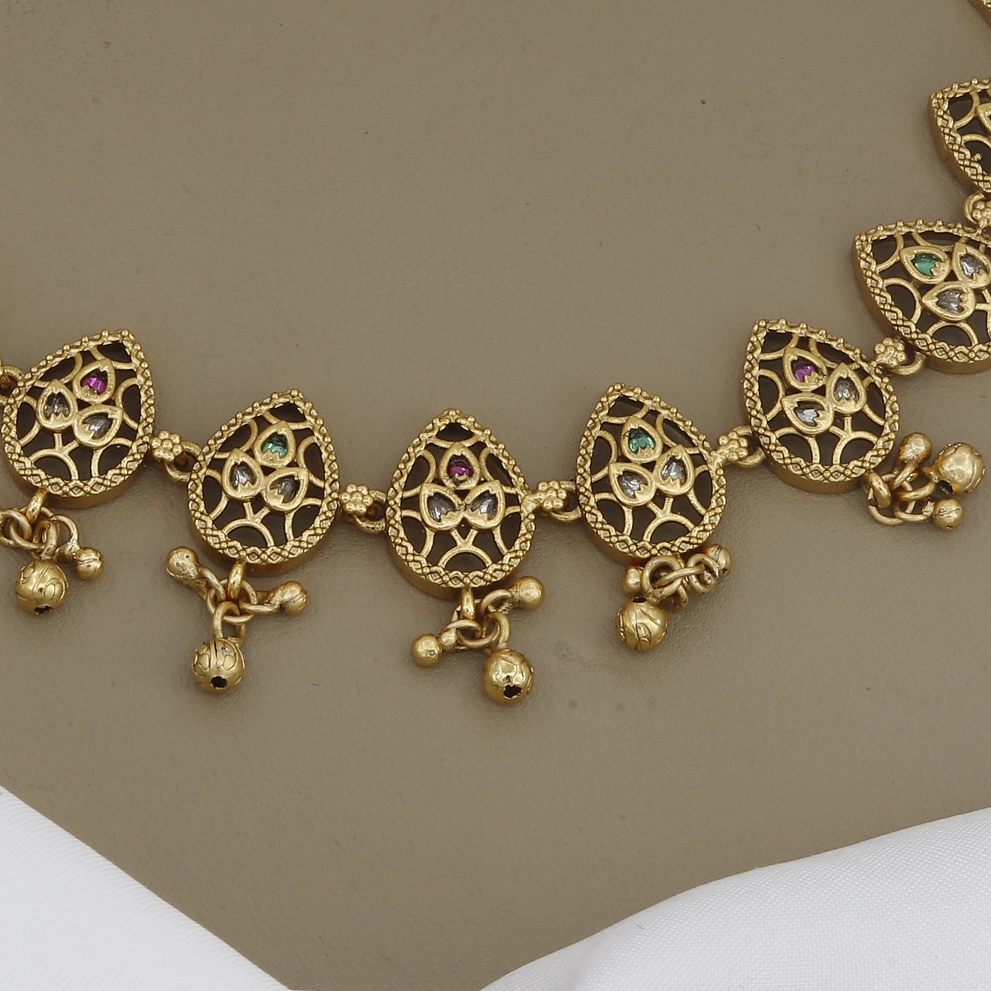 Delicate Antique Gold Necklace Set with Multi-Color Stone & Jhumki Earrings