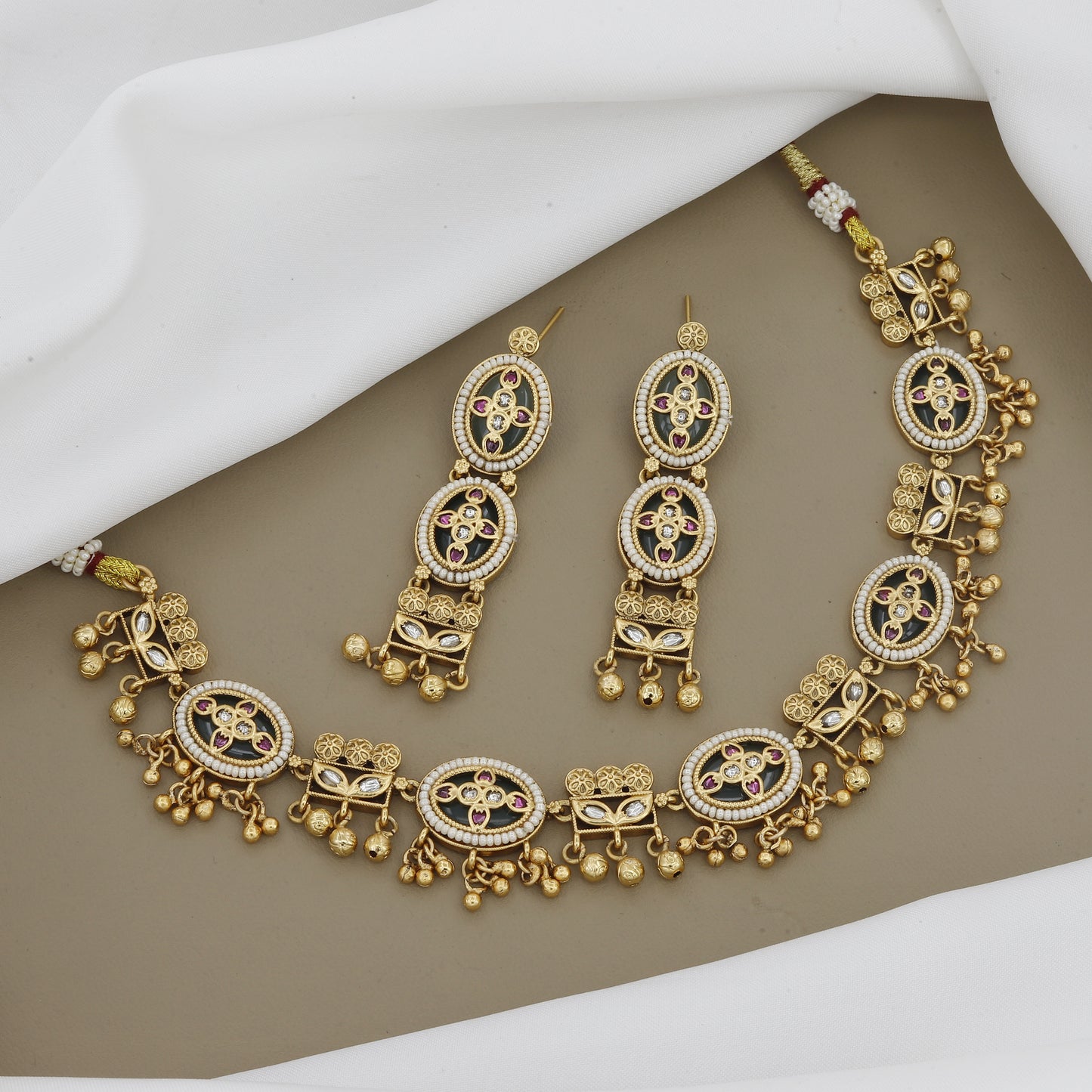 Traditional Jadau Style Necklace Set with Dangling Gold Beads