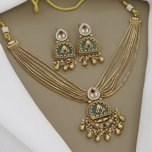 Antique Finish Multi-Layer Necklace Set with Rich Green Enamel