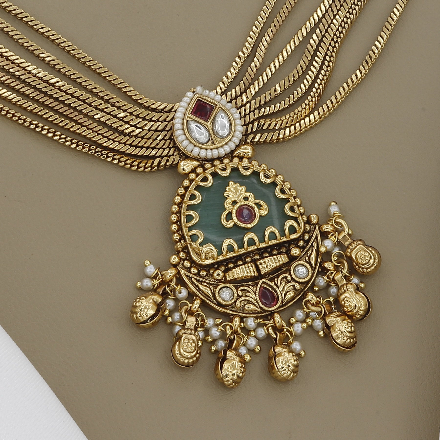 Antique Finish Multi-Layer Necklace Set with Rich Green Enamel