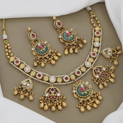 Exquisite Antique Gold Plated Necklace Set with Kundan & Ruby