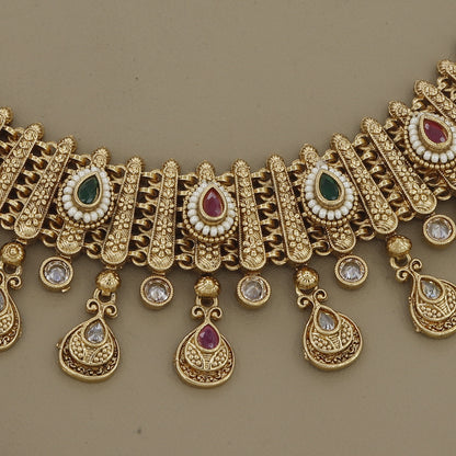 Intricate Antique Gold Finish Necklace & Jhumka Set