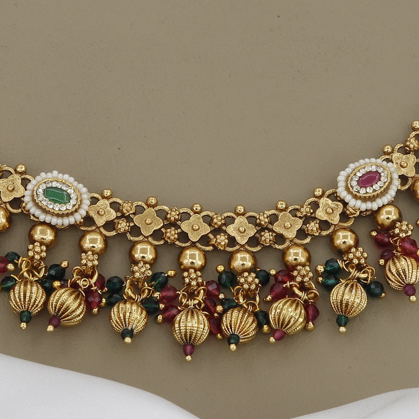Traditional Gold-Toned Necklace Set with Ruby & Emerald Beads