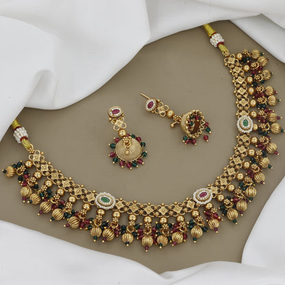 Traditional Gold-Toned Necklace Set with Ruby & Emerald Beads