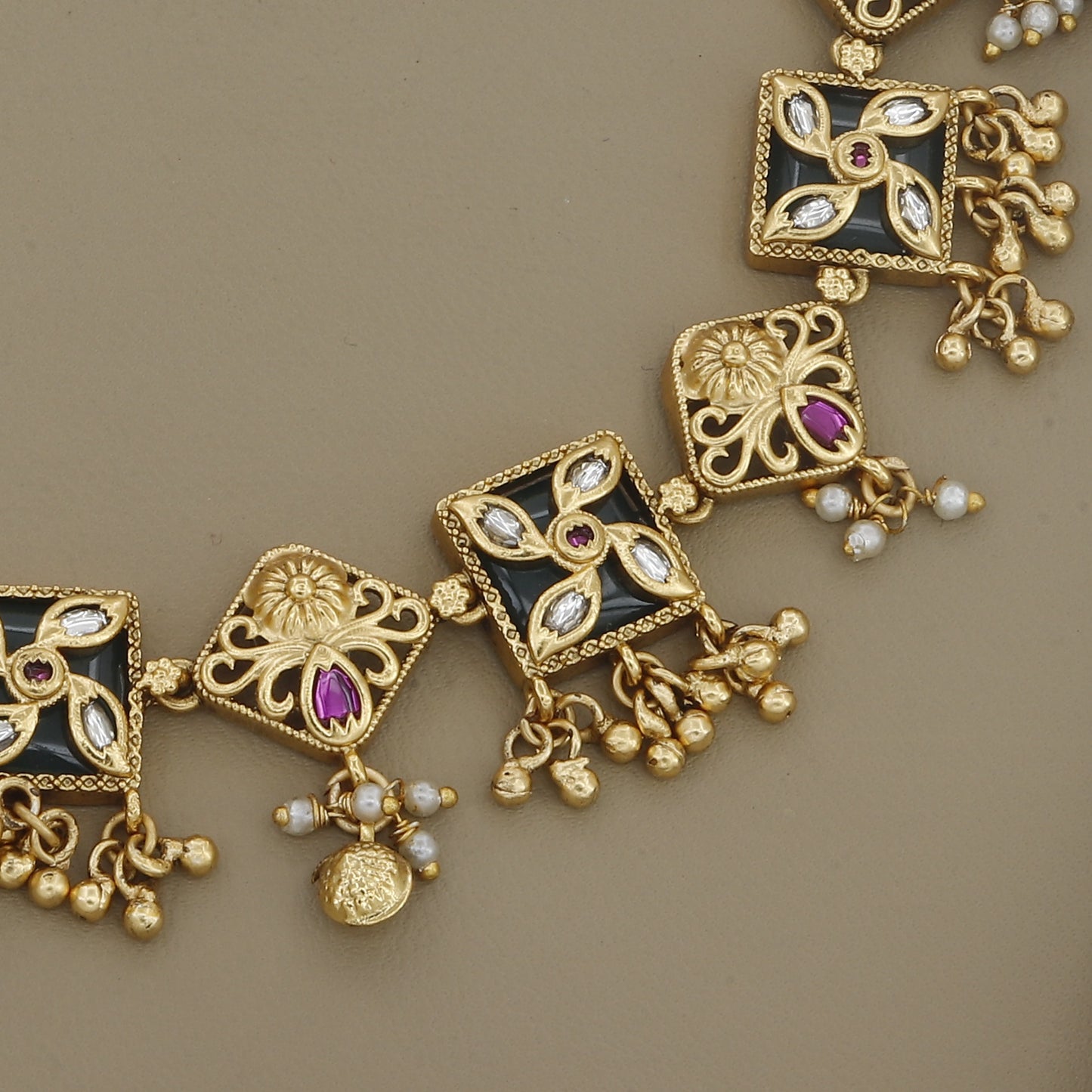 Contemporary Gold-Toned Black Meenakari Necklace Set
