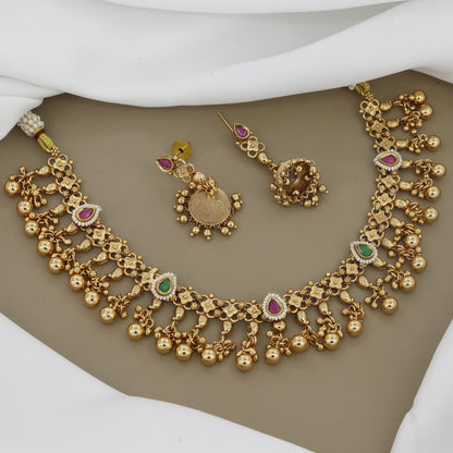 Traditional Matt Gold Finish Necklace Set With Earrings
