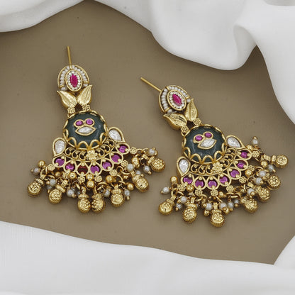 Antique Gold-Toned Polki & Meenakari Festive Necklace Set