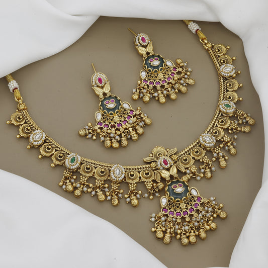 Antique Gold-Toned Polki & Meenakari Festive Necklace Set