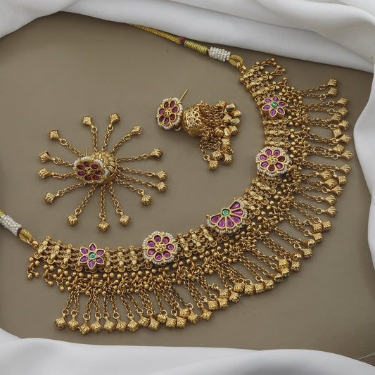 Traditional Gold Plated Jalar Necklace Set with Ruby Stones