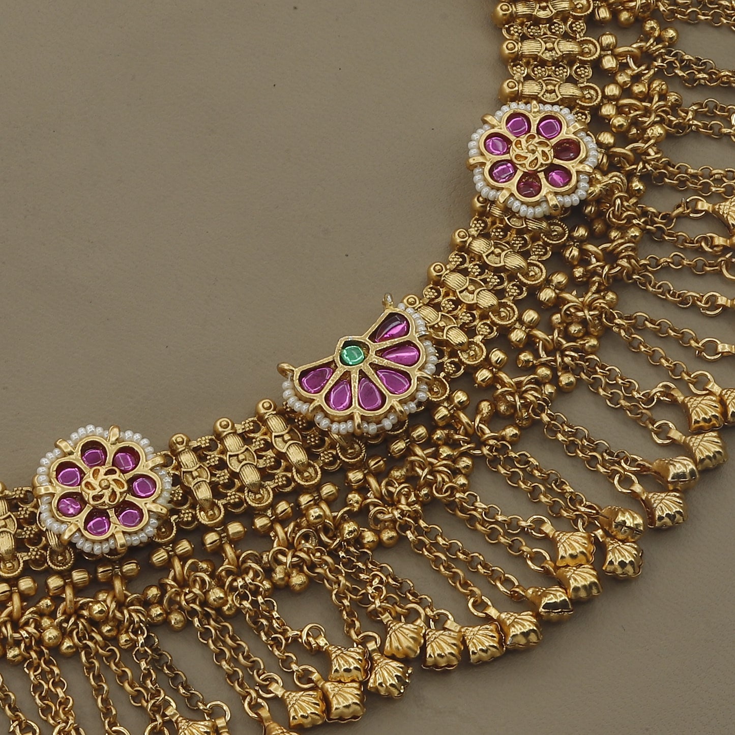 Traditional Gold Plated Jalar Necklace Set with Ruby Stones