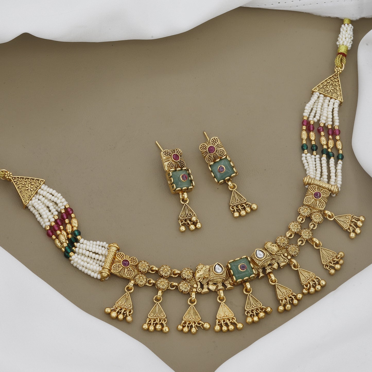 Antique Gold Charm & Pearl Beaded Necklace Set