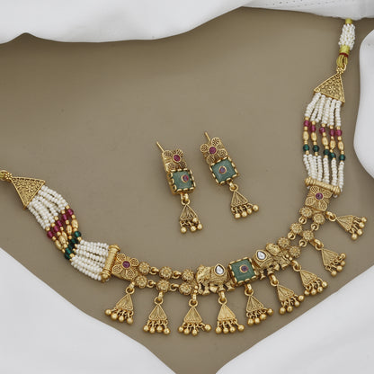 Antique Gold Charm & Pearl Beaded Necklace Set