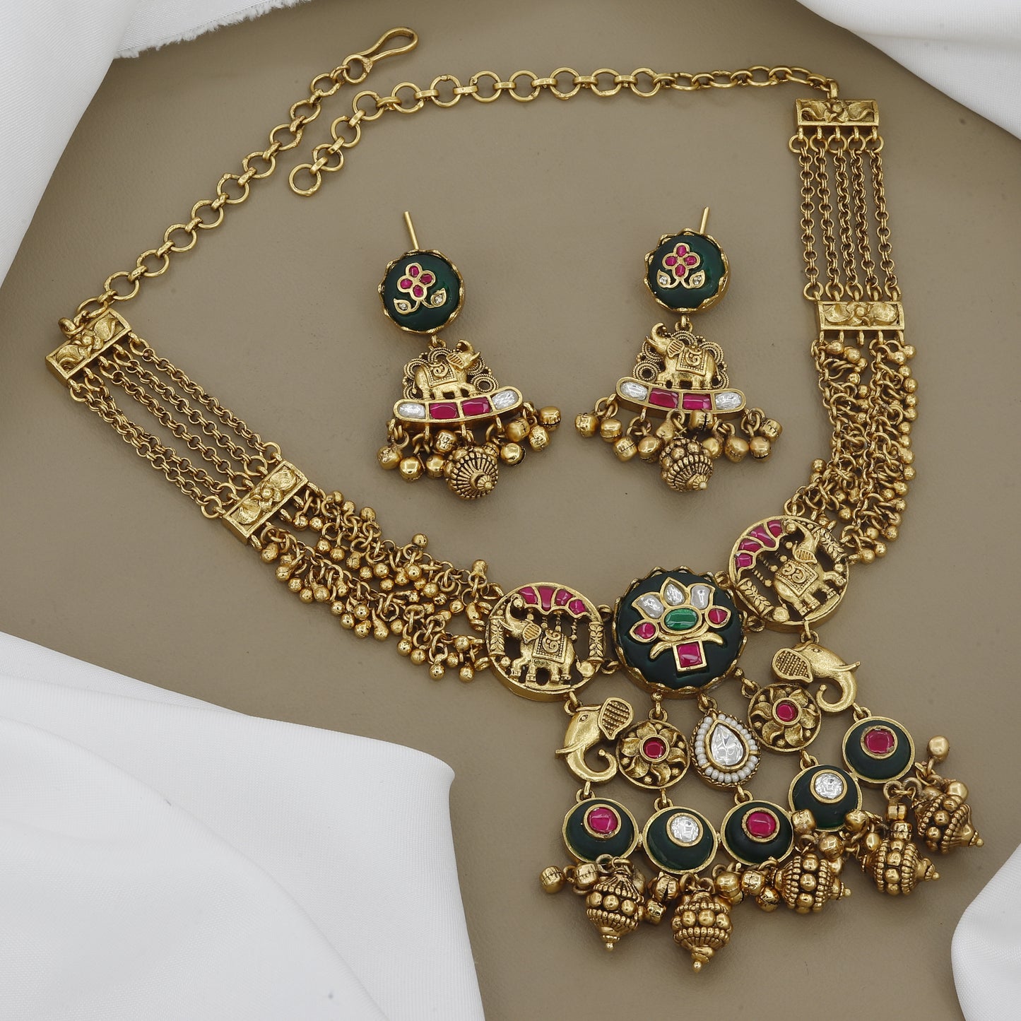 Antique Ruby & Emerald Necklace With Earrings