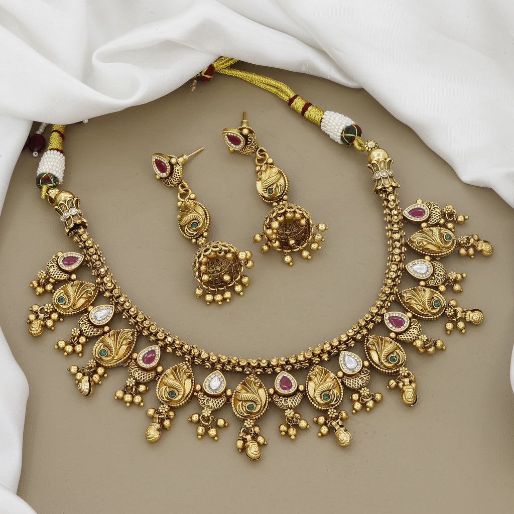 Traditional Matte Gold Tones Necklace Set with Big Jumkhas