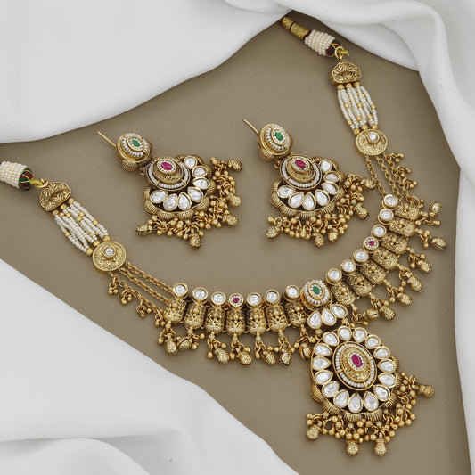 Antique Gold-Plated Kundan Necklace Set with Earrings