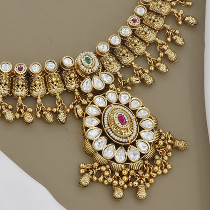 Antique Gold-Plated Kundan Necklace Set with Earrings