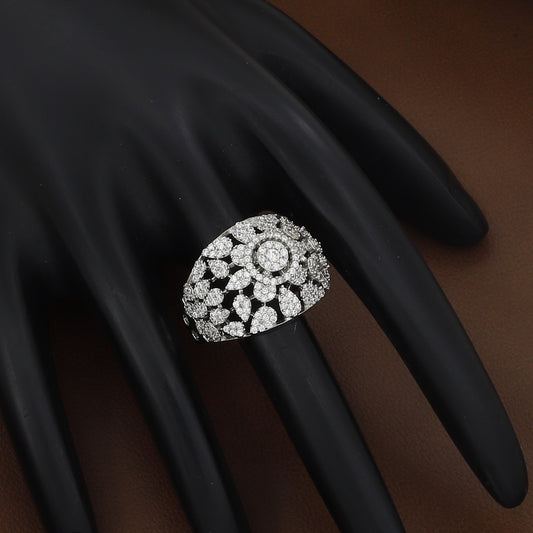 White Silver-Tone Flower Cluster Statement Diamond Ring
