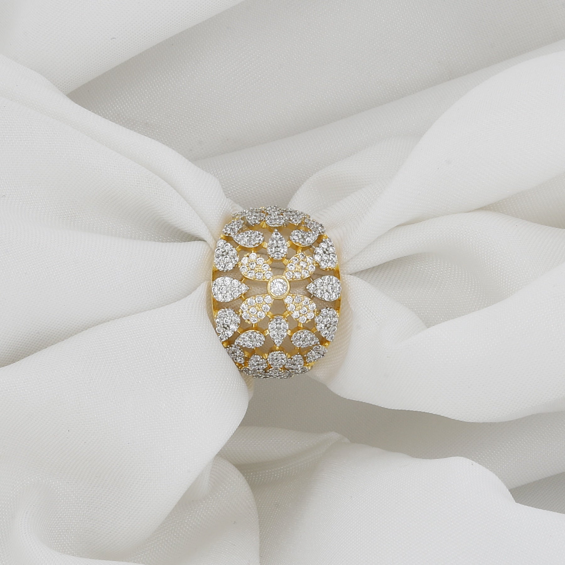 Sparkling Full Pave Gold Tone Clear Crystal Cluster Diamond Ring