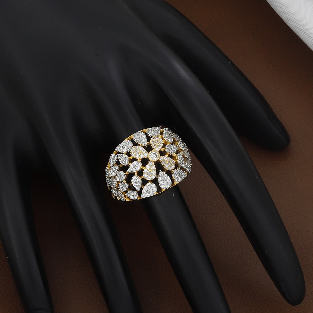 Sparkling Full Pave Gold Tone Clear Crystal Cluster Diamond Ring