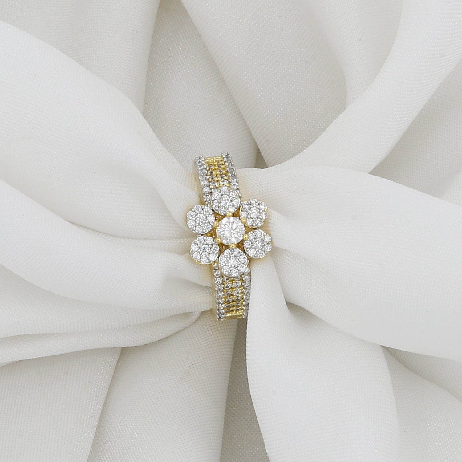 Elegant Gold Tone Statement Diamond Flower Cluster Ring