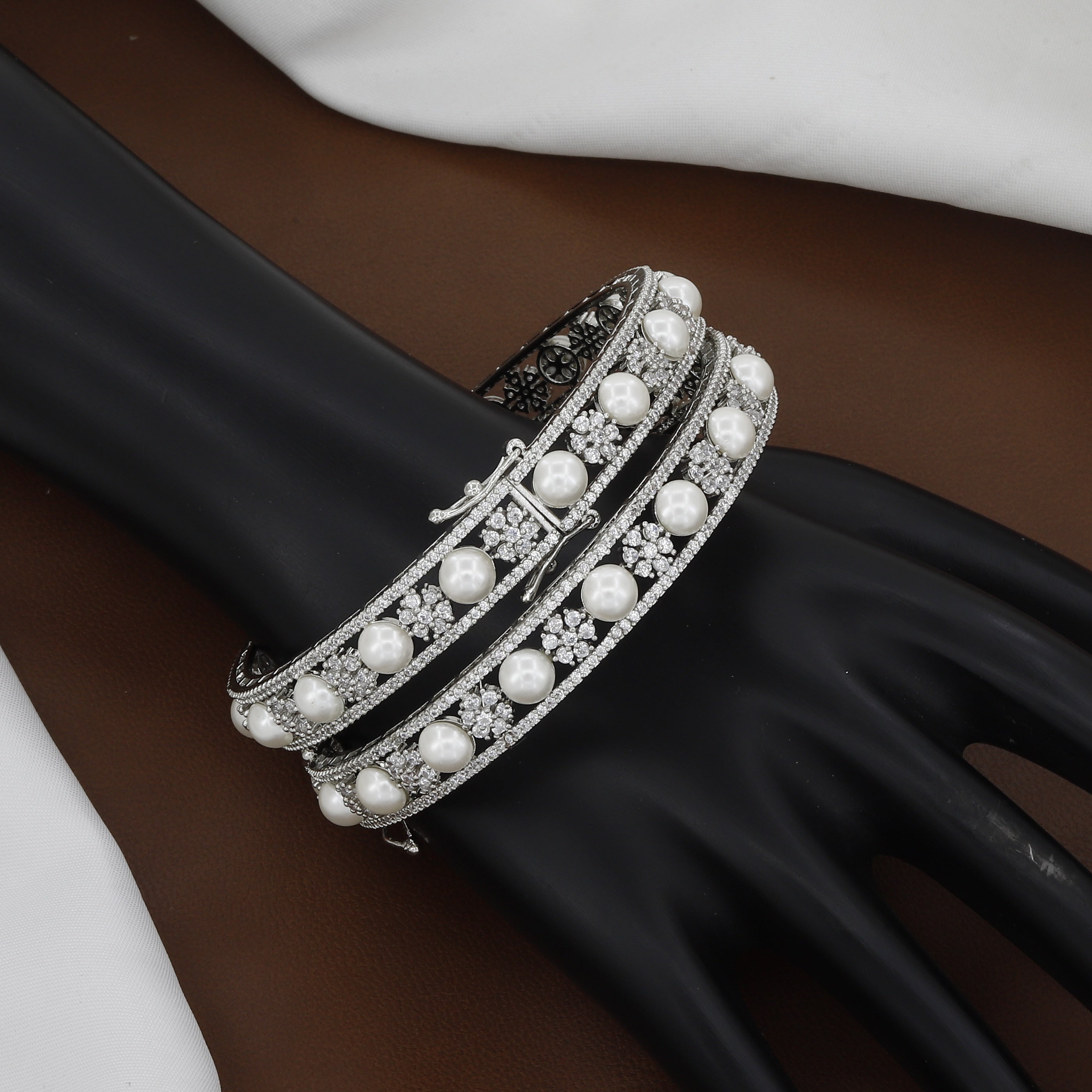 Silver Tone (Openable) Set of 2 Pearl & Cubic Zirconia Bangles