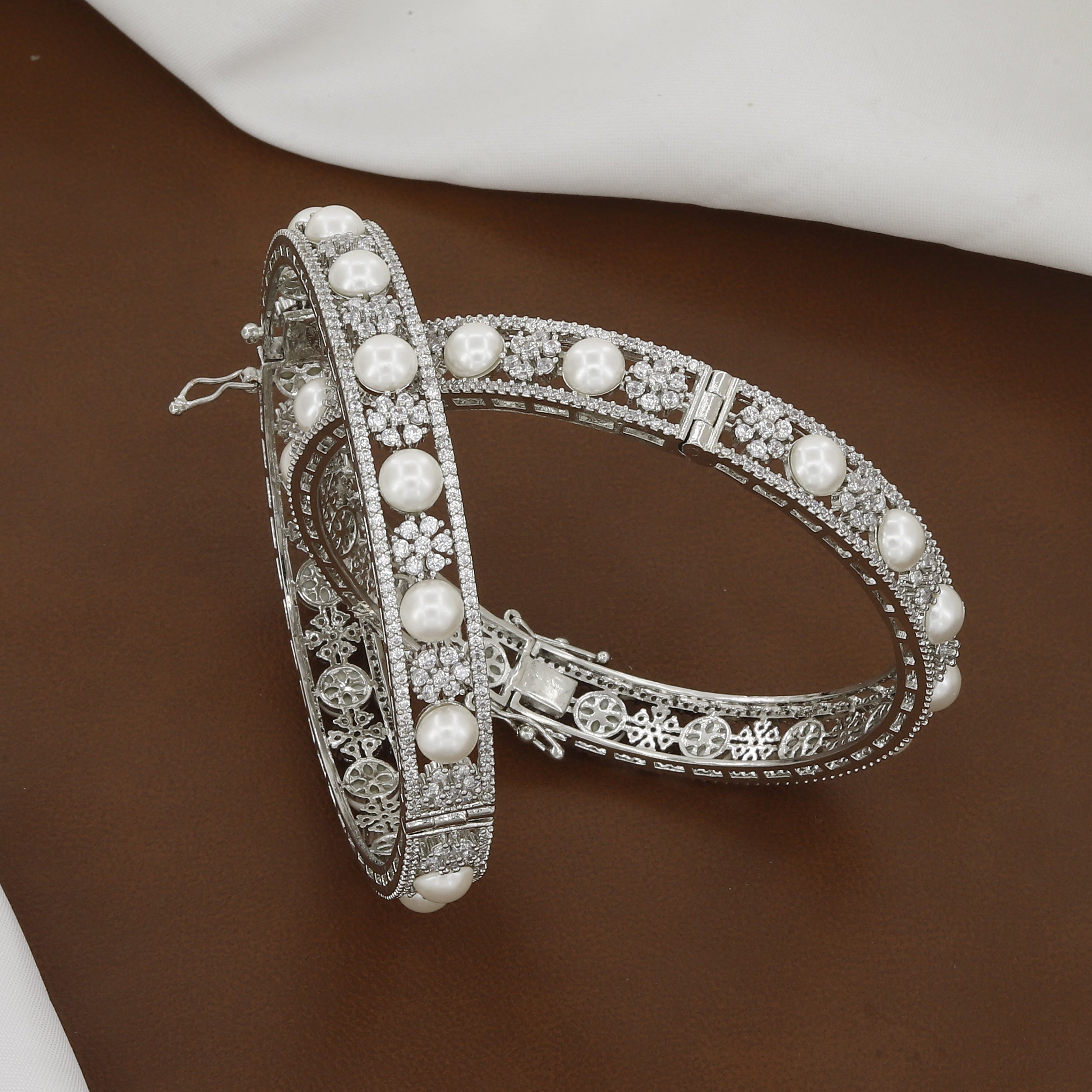 Silver Tone (Openable) Set of 2 Pearl & Cubic Zirconia Bangles