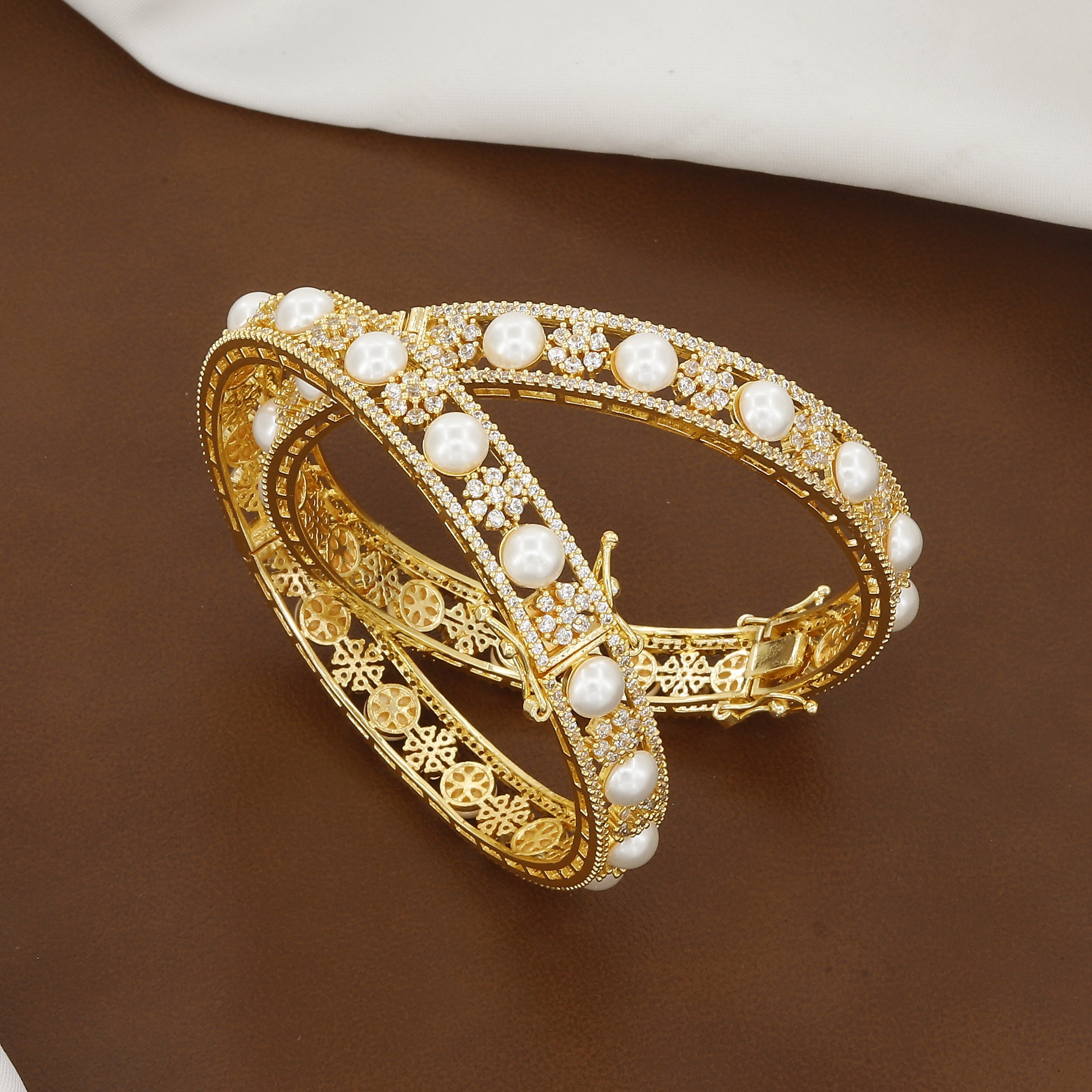 Gold Polished (Openable) Set of 2 Pearl & Cubic Zirconia Bangles