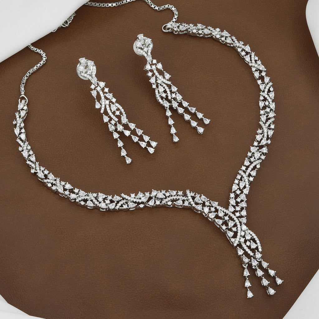 Luxury Silver-Tone Rhinestone Waterfall Diamond Necklace Set