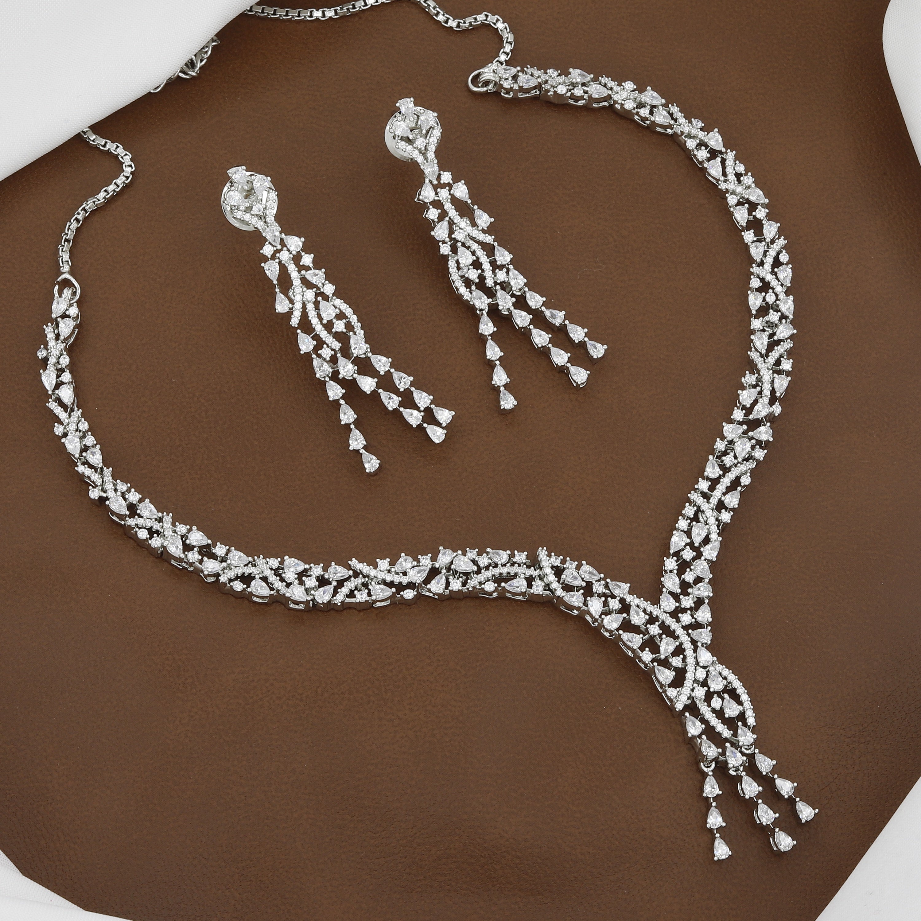 Luxury Silver-Tone Rhinestone Waterfall Diamond Necklace Set