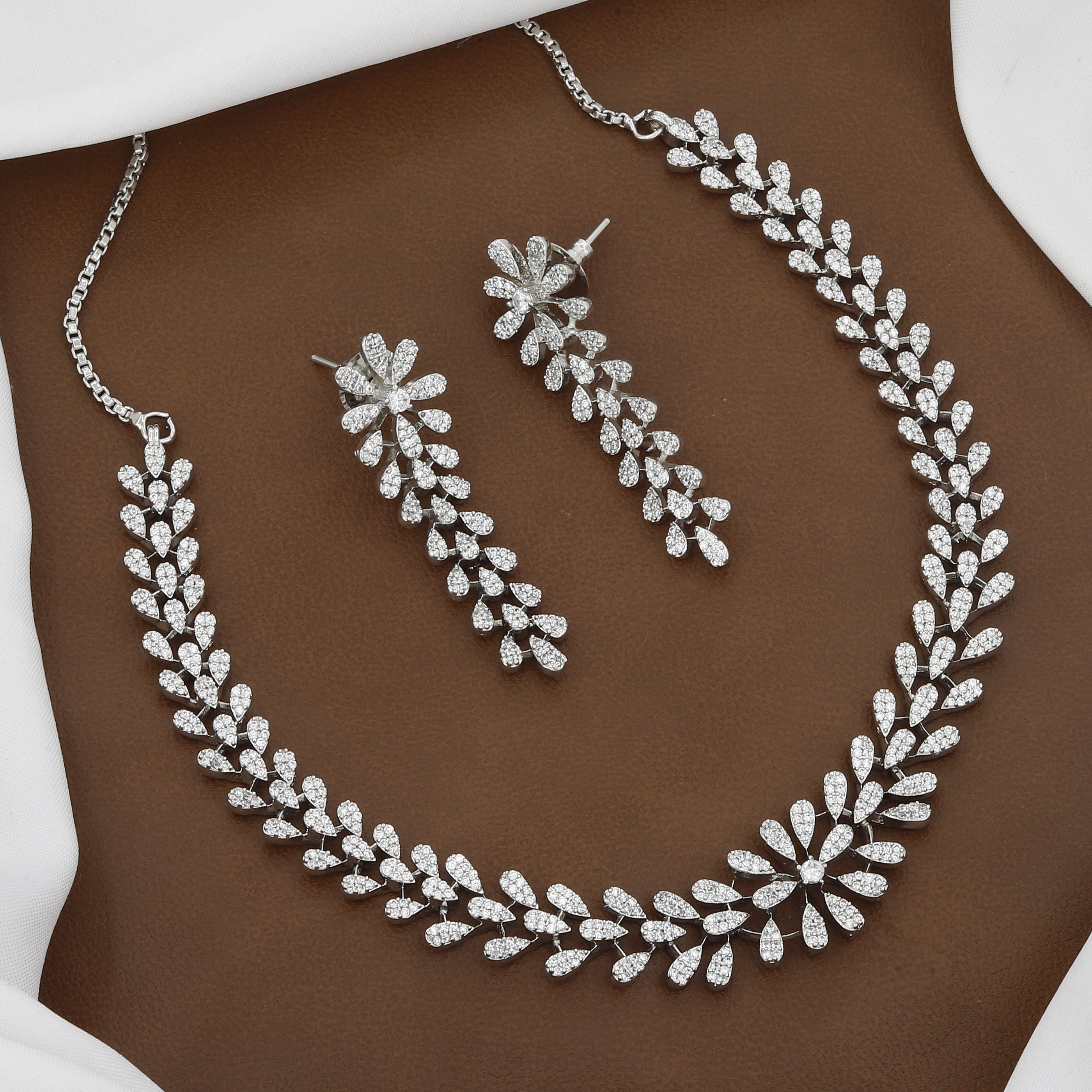 Silver Tone Sparkling Floral Leaf Cubic Zirconia Necklace & Drop Earring Set
