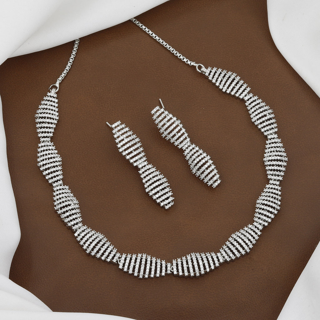 Silver Tone Modern Spiral Cubic Zirconia Necklace & Stud Earring Set